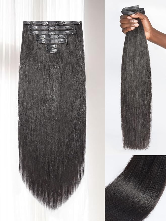 LUVME Hair Extensions Seamless Clip in Hair Extensions Human Hair Yaki Straight 135g 7pcs Natural Black Extensions 20 Inch Real Human Hair