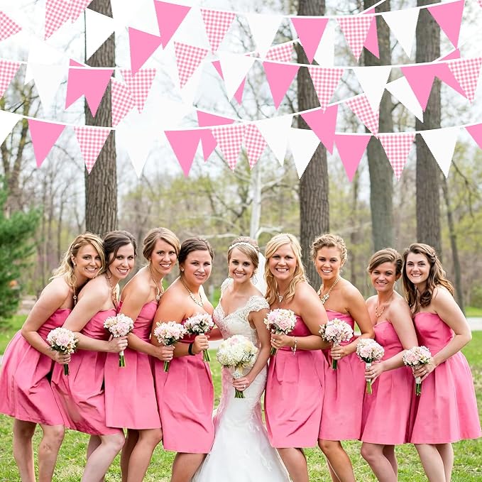 32Ft Hot Pink Plaid Checkered Pennant Banner Fabric Gingham Triangle Flag - Image 5