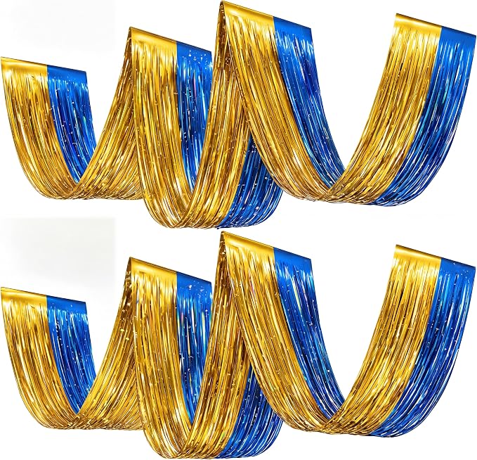 4 Pcs 15ft Gold Blue Metallic Foil Ceiling Fringe Curtains, Fringe Drapes by Breling