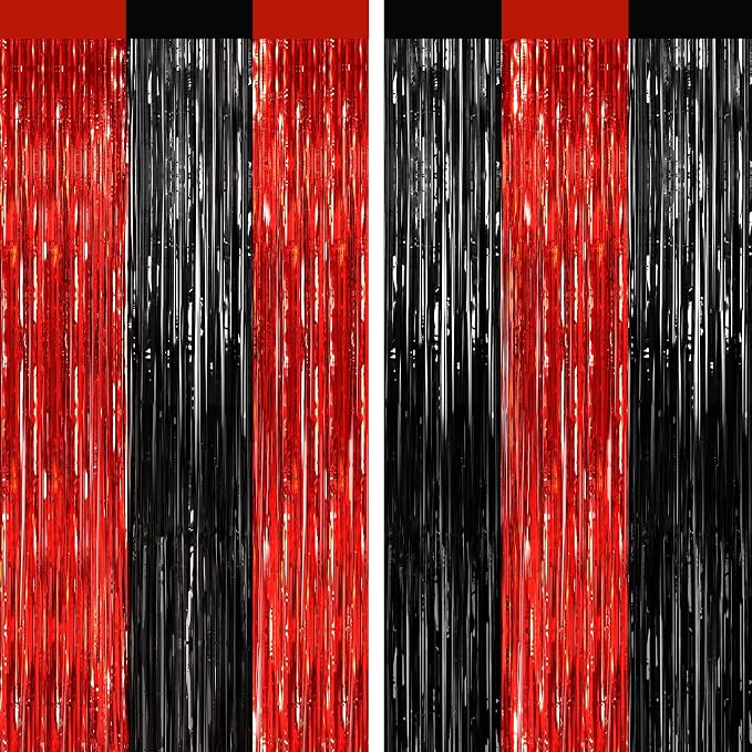 2 Pack Black and Red Foil Fringe Curtains Party Decorations, Tinsel Curtain by GCBPartyDecorations