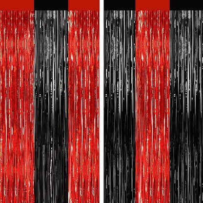 2 Pack Black and Red Foil Fringe Curtains Party Decorations, Tinsel Curtain by GCBPartyDecorations