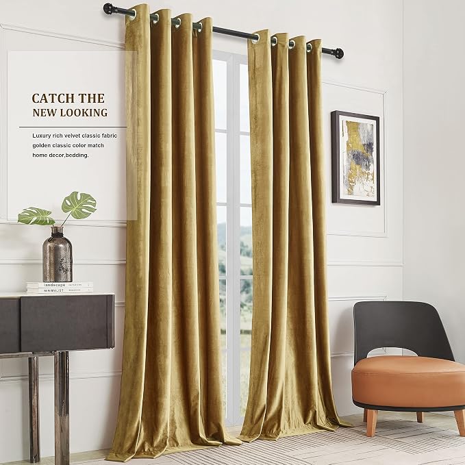 BULBUL Velvet Gold Curtains 108 inch Length- Living Room Blackout Thermal - Image 9