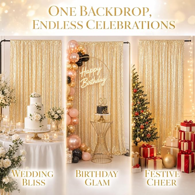 ShinyBeauty Light Gold Sequin Backdrop 2 Panels 7x7ft Christmas Backdrop | - Image 6