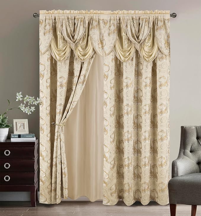 GLORY RUGS Jacquard Luxury Window 2 Panel Set Beige Curtain by GLORYRUGS