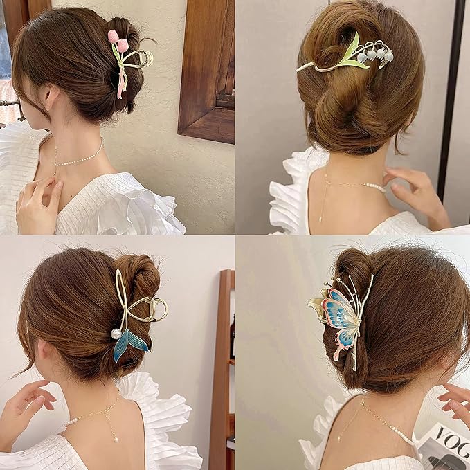 4Pcs Hair Clips for Women Large Non-Slip Strong Metal Hair Claw: Butterfly, Flower, Mermaid Sparkly Jaw Claws for Thick Hair