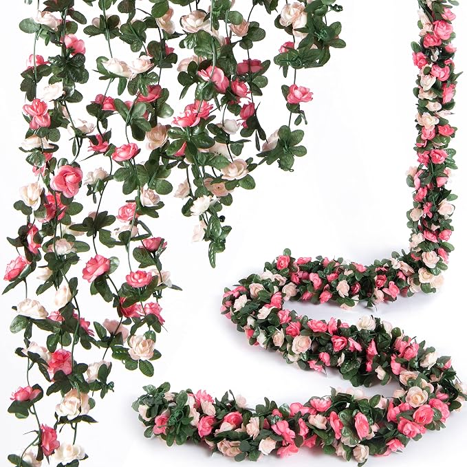 Artificial Flower Garland 8pcs 8.2ft Floral Rose Vine Decor, Hanging Faux Roses by PONKING