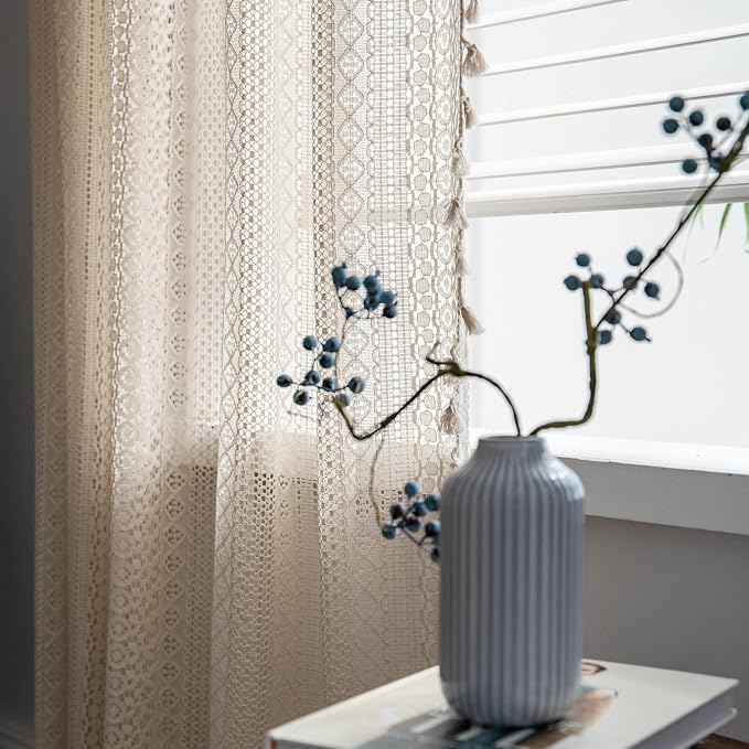 Sutuo Home Beige Boho Curtains Crochet Lace Semi-Sheer Bohemian Hollow Knitted - Image 5