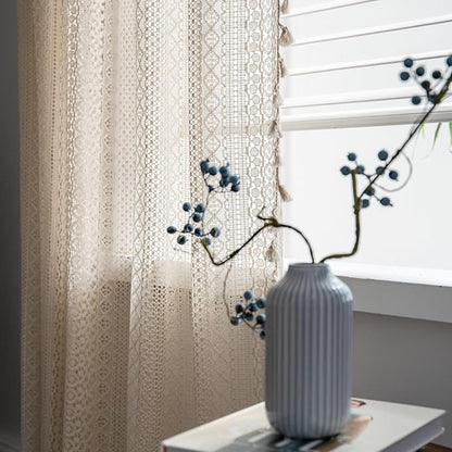 Sutuo Home Beige Boho Curtains Crochet Lace Semi-Sheer Bohemian Hollow Knitted - Image 5