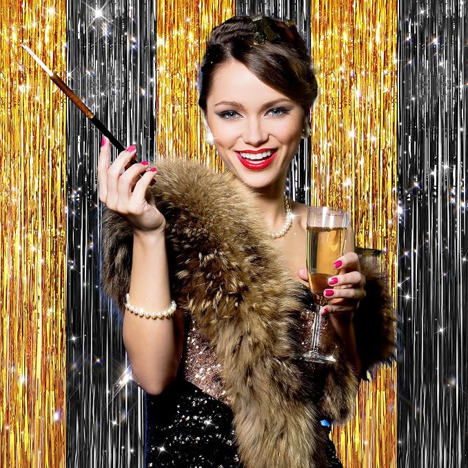 2Pack Black Gold Metallic Tinsel Foil Fringe Curtains, Door Streamers Photo - Image 4