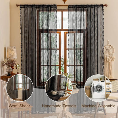 Sutuo Home Black Boho Sheer Curtains 84 inches Long - Image 3