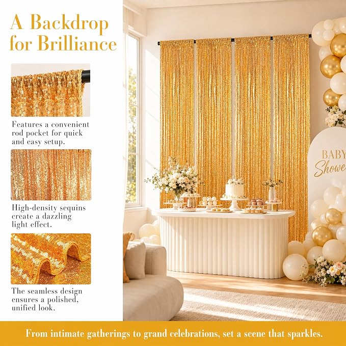ShinyBeauty Gold Sequin Backdrop Curtains 4 Panels 2x8ft - Image 3