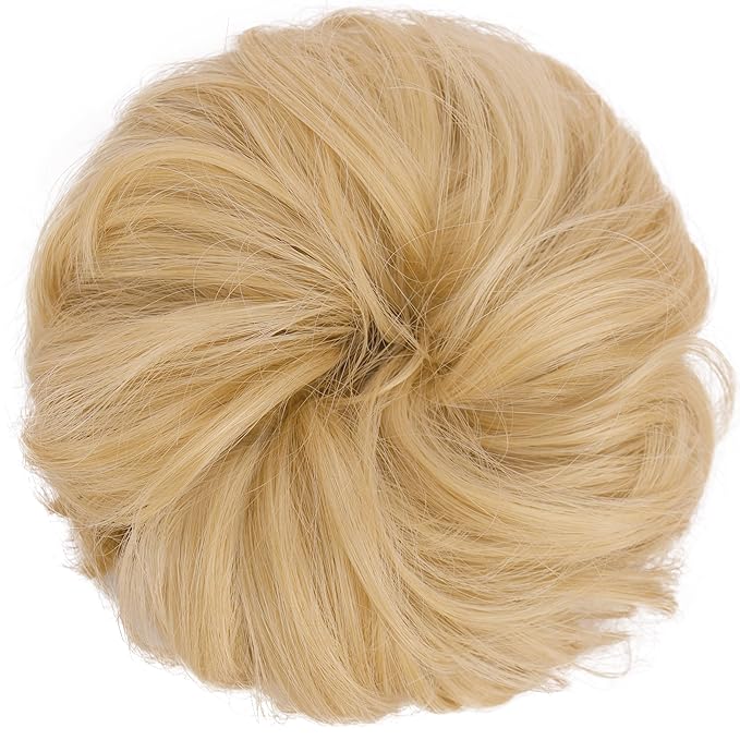 FESHFEN Messy Bun Hair Piece - Elastic Wavy Curly Hair Bun Scrunchies Extensions Synthetic Chignon Hairpieces for Women, Champagne Blonde 1.5 oz