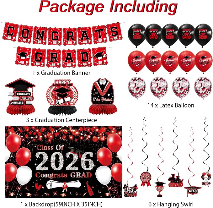 DARUNAXY Black Red Graduation Party Decorations, 2026 Congrats Grad Honeycomb - Image 2