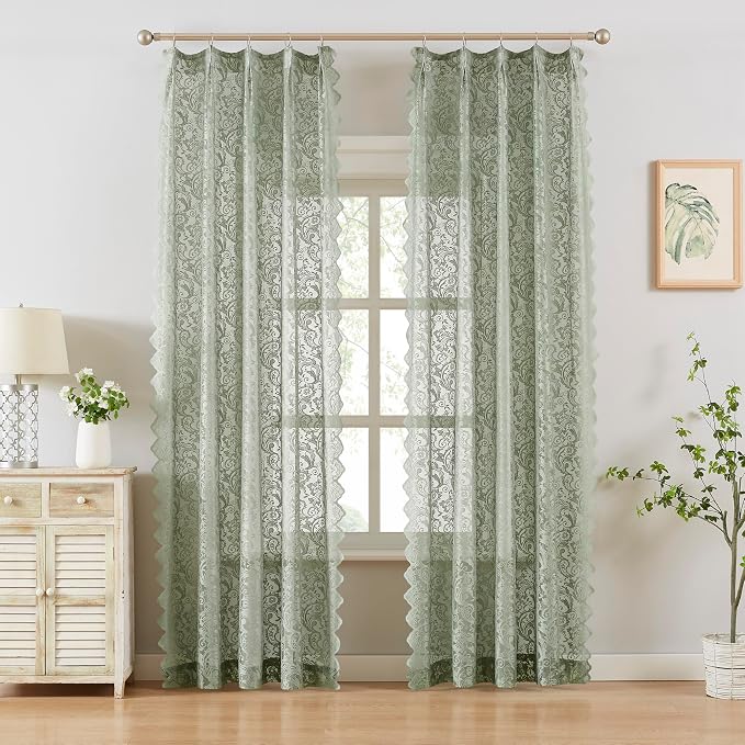 Bujasso Sage Green Lace Pinch Pleat Curtains 63 inch, Vintage Floral Sheer - Image 2