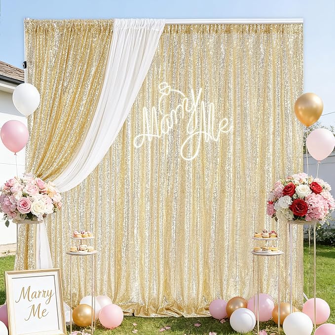Light Gold Sequin Backdrop Curtains Party Glitter Drapes 2 Pcs 2FTx8FT | - Image 2