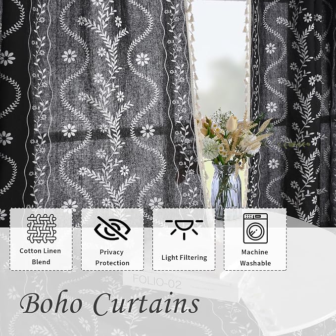 Schweek Black Boho Curtain 84 Inches Length 2 Panels Drapes - Image 4