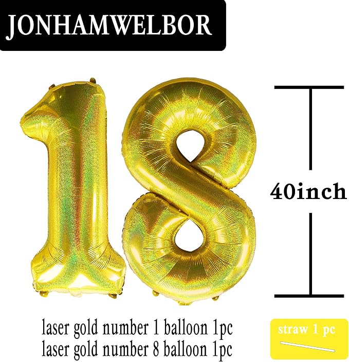 Jonhamwelbor 40 Inch Laser Gold Number 18 Balloon Foil Mylar Giant Balloon - Image 2