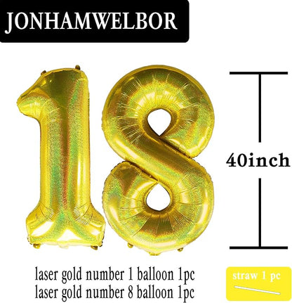 Jonhamwelbor 40 Inch Laser Gold Number 18 Balloon Foil Mylar Giant Balloon - Image 2