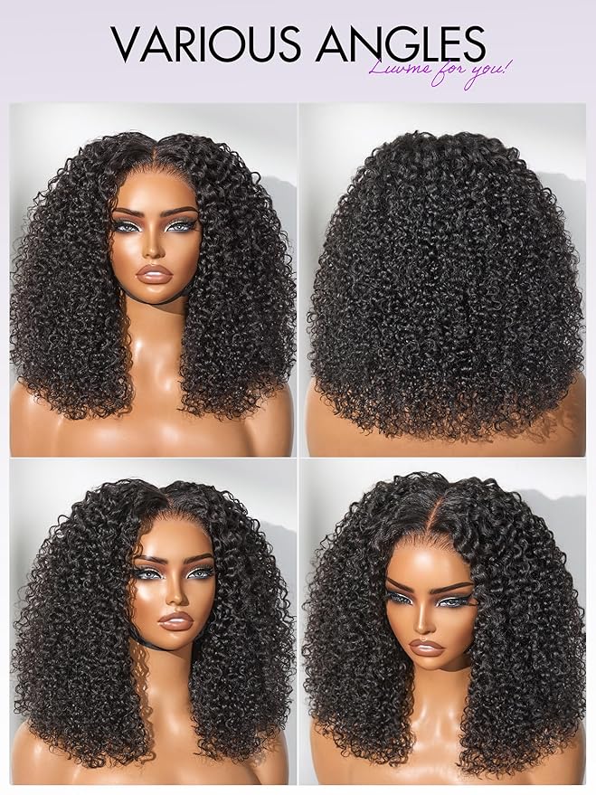 LUVME HAIR 5X5 Kinky Curly 200% Human Hair Wigs Glueless Lace Front 16 Inches Pre Cut Plucked Hd Lace Wig Ready To Go Natural Color Flexi-Fit Drawstring Cap Bleached Knots Black Wigs