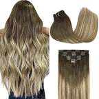GOO GOO Clip in Hair Extensions Real Human Hair, Remy Human Hair Extensions Clip ins for Women, Natural Human Hair, 12inch 85g 7Pcs, 3/8/613 Balayage Walnut Brown to Ash Brown and Bleach Blonde