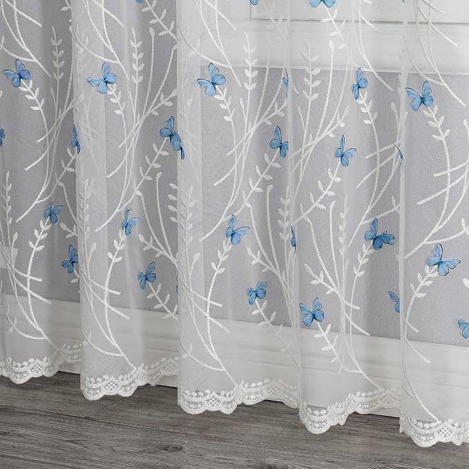 White Sheer Voile Curtains White Embossed Butterflies 84 Inches | Light - Image 3