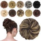 FESHFEN Messy Bun Hair Piece - Elastic Wavy Curly Hair Bun Scrunchies Extensions Synthetic Chignon Hairpieces for Women, Dark Brown & Champagne Blone 1.5 oz