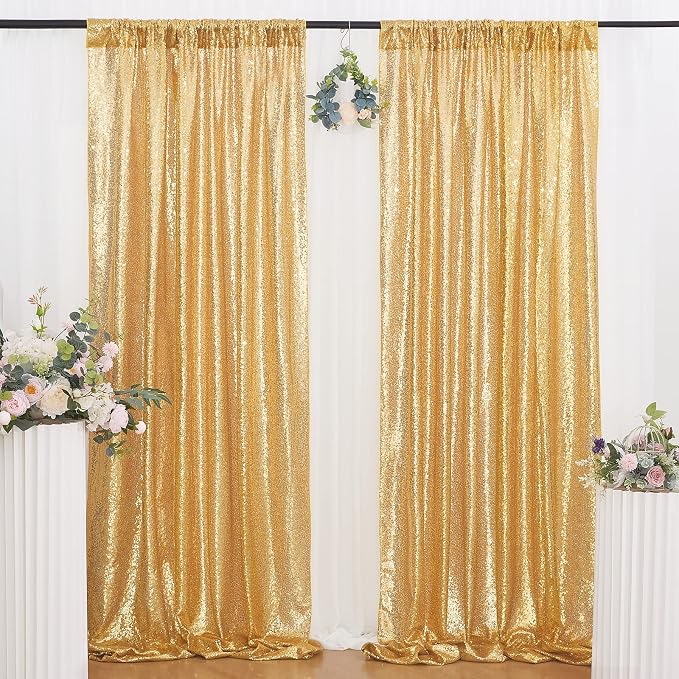 Gold Sequin Backdrop Curtains Party Photo Glitter Drapes 2 Pcs 2FTx8FT | by B-COOL