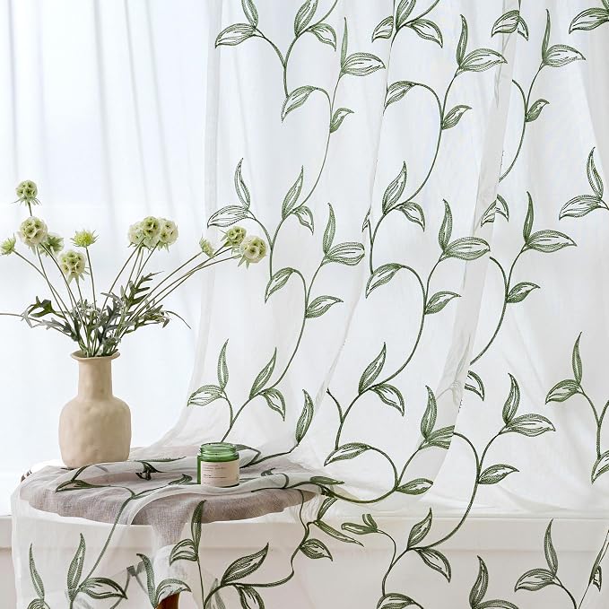 Sheer Curtains Boho Leaf Floral Embroidered Green 54Wx96L | Light Filtering by VISIONTEX
