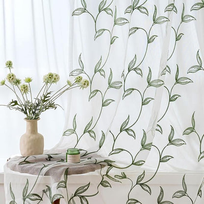 Sheer Curtains Boho Leaf Floral Embroidered Green 54Wx84L | Light Filtering by VISIONTEX