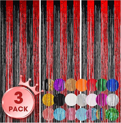 Voircoloria Red and Black Foil Fringe Backdrop Curtains, 3 Pack | Tinsel by Voircoloria