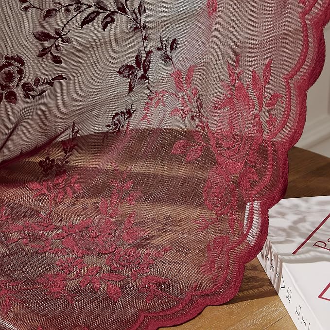 Burgundy Lace Curtains 84 Inches Long Vintage Floral Curtains 2 Panels - Image 6