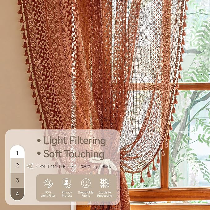 WAZZIO Boho Lace Curtains 102 Inches 2 Panel, Light Filtering Privacy Tassel & - Image 5