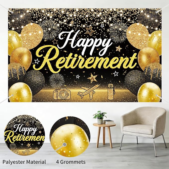 Large Black Gold Happy Retirement Decorations Banner - Image 8