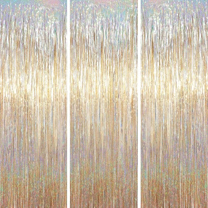 Voircoloria Champagne Foil Fringe Backdrop Curtains, Birthday Party Decorations by Voircoloria