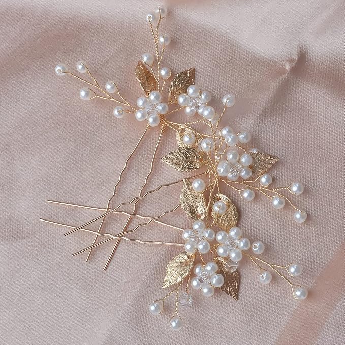 Hair Accessories, 3pcs Gold Hair Pins for Women's Wedding, Bridesmaid, Flower Girl (Gold)