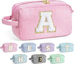YOOLIFE Christmas Gifts for Women Teen Girls - Initial Makeup Bag Cosmetic Bag Toiletry Pouch, Personalized Birthday Gifts for Women Girls Mom Daughter Sister Friends, Pink A