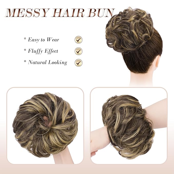FESHFEN Messy Bun Hair Piece - Large Elastic Wavy Curly Hair Bun Scrunchies Ponytail Extensions Synthetic Chignon Hairpieces for Women, Dark Brown & Champagne Blonde 1.94oz