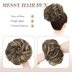 FESHFEN Messy Bun Hair Piece - Large Elastic Wavy Curly Hair Bun Scrunchies Ponytail Extensions Synthetic Chignon Hairpieces for Women, Dark Brown & Champagne Blonde 1.94oz