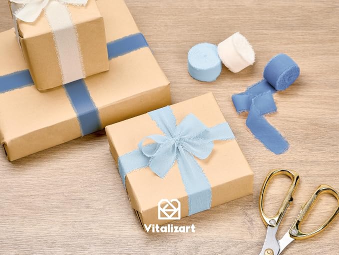 Vitalizart Dusty & Baby Blue Chiffon Silk Ribbon 1" x 21 Yd Handmade Fringe | - Image 4