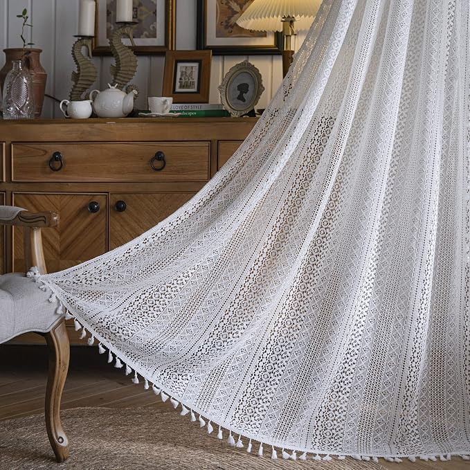 Sutuo Home Cream White Crochet Boho Curtain 84 Inches Length, Sheer Lace by SutuoHome