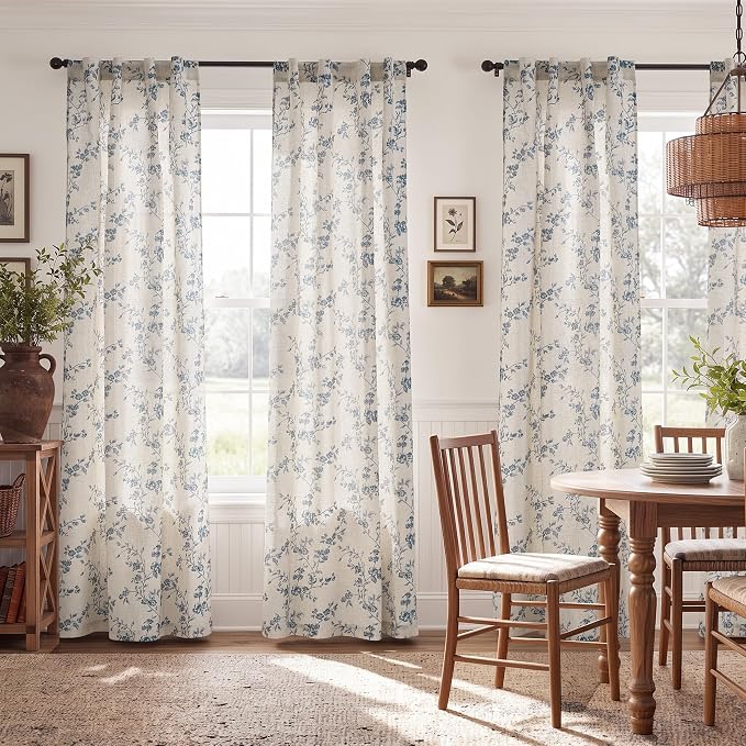 jinchan Blue Floral Linen Curtains 84 Inch Country Drapes Back Tab 2 Panels | - Image 3