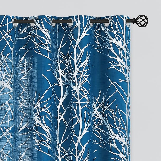 FMFUNCTEX Linen Silver Navy Blue Semi Sheer Print Curtains 96 Inch 2 Panels | by Fmfunctex
