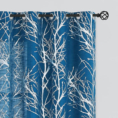 FMFUNCTEX Linen Silver Navy Blue Semi Sheer Print Curtains 96 Inch 2 Panels | by Fmfunctex