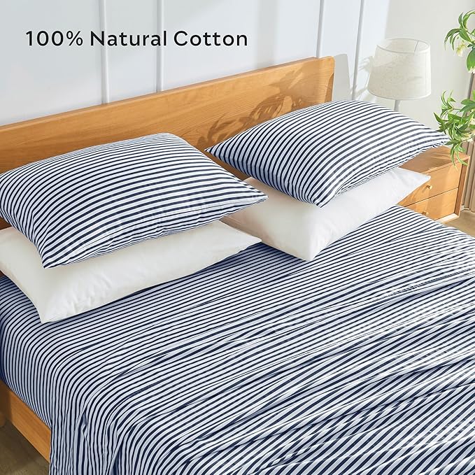 JELLYMONI 100% Natural Cotton Striped Standard Pillowcases Set, 2 Pack White and Dark Blue Stripes Pattern Printed Pillow Covers with Envelope Closure(Pillows are not Included)