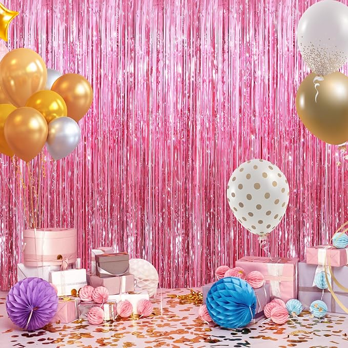 GCB 2 Pack Glitter Foil Curtain Pink Backdrop Streamers Metallic Tinsel Fringe - Image 5
