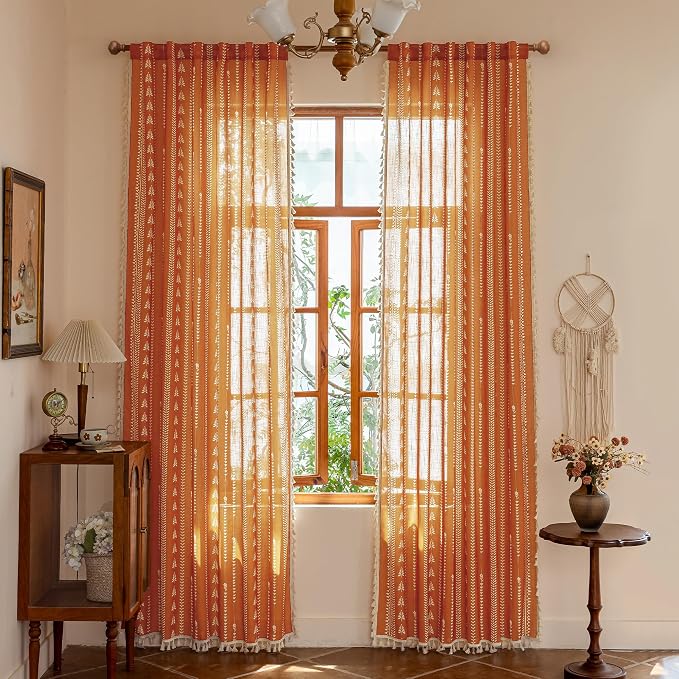 Boho Curtains for Bedroom, Burnt Orange Curtains 84 Inch Length 2 Panels Light - Image 2