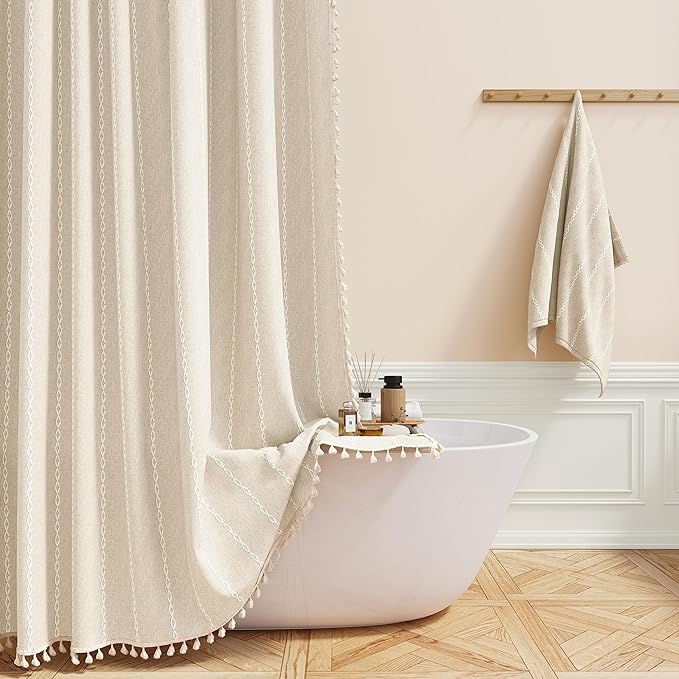 48 x 72 Boho Linen Heavy Duty Cloth Shower Curtain Set, Cream/Beige | Stall Size by ShowerCurtain