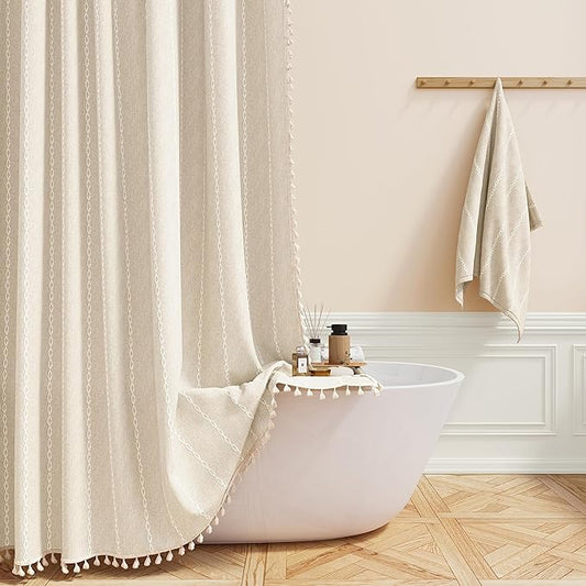 48 x 72 Boho Linen Heavy Duty Cloth Shower Curtain Set, Cream/Beige | Stall Size by ShowerCurtain