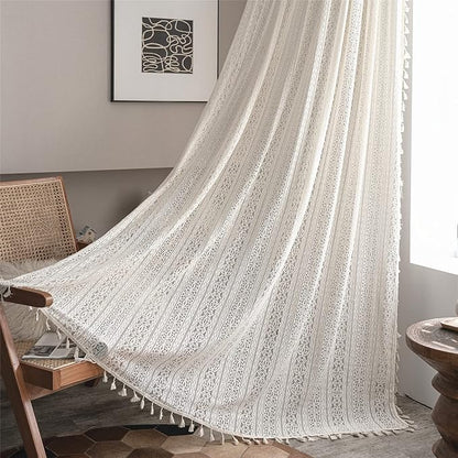 Sutuo Home Boho Curtain Crochet Lace Semi-Sheer Florals Hollow Knitted Handmade by SutuoHome