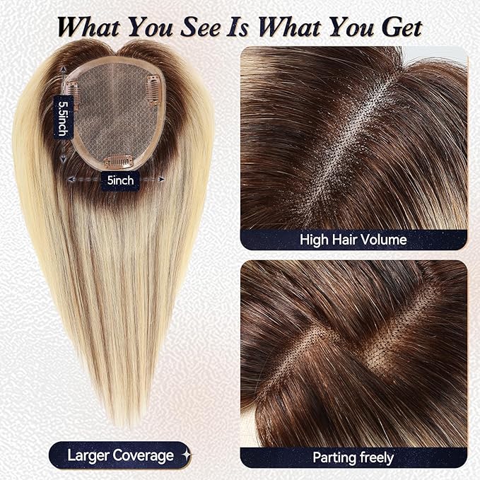 starluck Hair Toppers for Women Real Human Hair,5.5"*5"MONO Large Base, Real HumanHair Toppers for Women with Thinning,56g Hand-moven Topper,Gray Roots,High Volume,Ombre Blonde with Brown Highlight